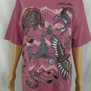 Vintage Alaska Single Stitch Graphic T Shirt Glitter Inuit Native Artwork EUC Lg